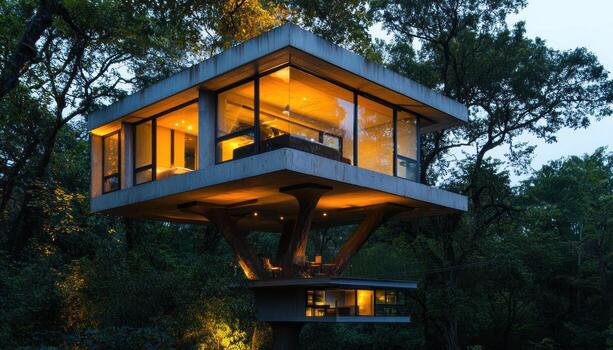 Striking modular design with cantilevered forms creates elevated structure, beautifully illuminated in dusk scene photo