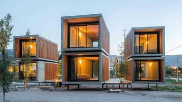 Modular housing design with stacked units in wood and concrete, illuminated by warm evening light, creates cozy atmosphere photo