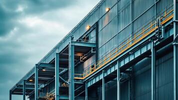 A Industrial modular structure with prefabricated units under overcast sky, showcasing raw materials and modern design photo