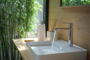 Sustainable modular bathroom with smart faucet and bamboo accents, creating serene ambiance. photo