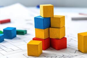 Colorful building blocks stacked on blueprint, representing creativity and design photo