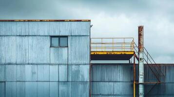 Industrial modular structure with prefabricated units under overcast sky. raw materials create stark, modern aesthetic photo