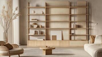 Minimalist light wood shelving unit with customizable compartments in studio setting, creating serene atmosphere photo