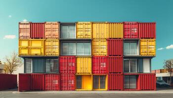 Modern stacked modular containers create vibrant building facade, showcasing design flexibility and innovative construction photo