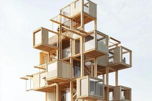towering modular structure showcasing innovative building design with stacked components. unique architecture emphasizes photo