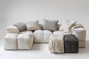Soft textures and neutral palette define this modular cube seating system, perfect for modern living spaces photo