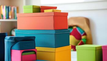 Colorful stackable storage boxes create playful design for kids rooms, offering customizable arrangements and vibrant colors photo
