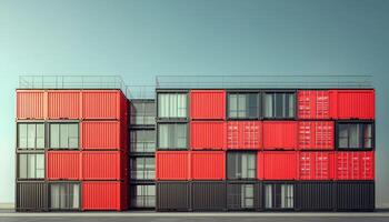 Modern stacked modular containers create striking building facade, showcasing design flexibility and innovative construction photo