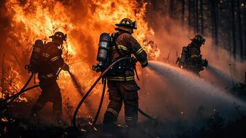 Firefighters full gear battling intense flames with water hoses, surrounded by smoke and charred trees, showcasing emergency photo