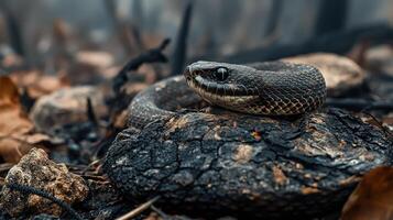 snake slithers over charred rocks in aftermath of wildfire, showcasing resilience in devastated landscape photo