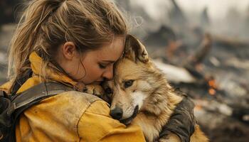 volunteer comforts stressed dog affected by recent wildfires, showing compassion and care in challenging environment photo