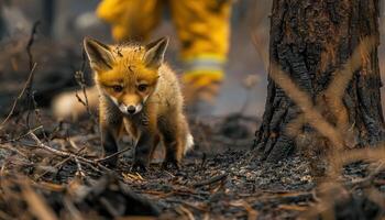 Fox cub looking forlorn near burned tree, with firefighters in background, at forest edge photo