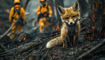 forlorn fox cub stands near burned tree, with firefighters in background, showcasing impact of wildfires on wildlife photo