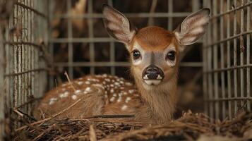 deer fawn with singed coat resting in recovery enclosure, surrounded by straw photo