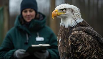 Eagle with injured wing at sanctuary, vet taking notes on recovery photo
