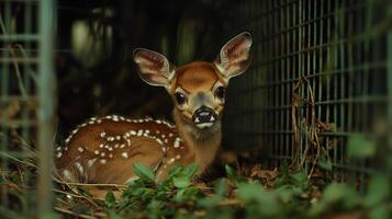 Deer fawn with singed coat nestled in recovery enclosure, looking curious and vulnerable photo