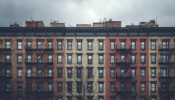 Muted apartment buildings desaturated facade repeating patterns cloudy day building exterior look gray and somber photo