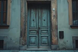Desaturated color old wooden door soft worn surface vintage architecture create somber mood photo