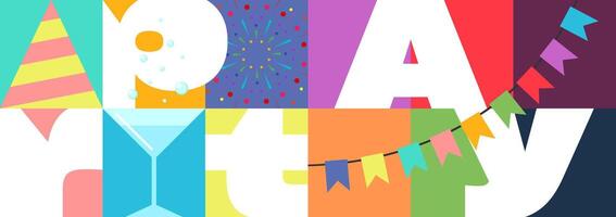 Celebration party festive horizontal banner. Dynamic modern geometric patterns with innovative typography for background, flyer, invite or pass. Vibrant creative layout. Trendy event graphic cover vector