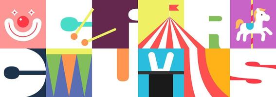 Circus event banner with festive marquee and bold typography. Colorful carnival poster featuring tent, lights and playful design. Perfect for fair, party invitation or entertainment announcement vector