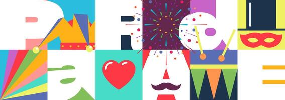 Happy Carnival banner. Geometric poster with carnival mask, musical instruments, splashes and abstract shapes. Festive background for holiday celebration. Design for event. Flat illustration vector