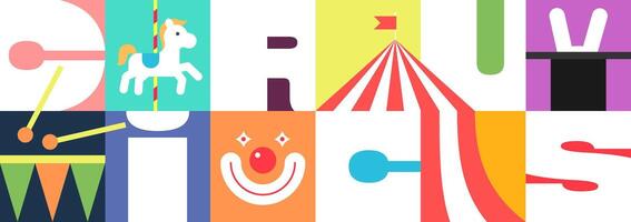 Vibrant circus banner with bold typography and colorful graphics. Festive carnival poster featuring marquee, tent, and playful elements perfect for events, shows, parades and amusement park promotions vector
