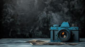 Vintage Blue Film Camera with Old Photographs on Dark Background photo