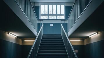 Modern Interior Staircase Design Blue Walls Metal Railings Large Window Upward View photo