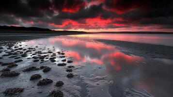 Dramatic Red Sunset Sky Reflected in Calm Coastal Waters Sandy Beach with Seaweed photo