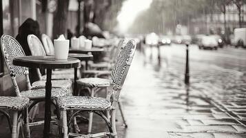 Parisian Cafe Rainy Day Empty Chairs Black and White Street Scene photo