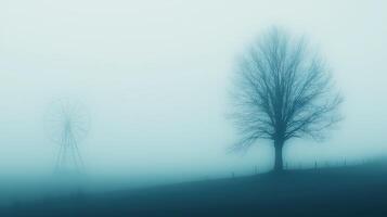 Serene Foggy Landscape Windmill Bare Tree Misty Field photo
