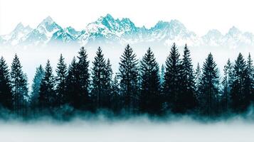 Majestic Snow Capped Mountains Rising Above a Misty Pine Forest Landscape photo
