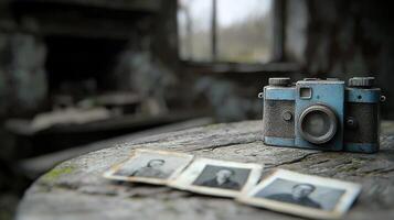Vintage Camera and Old Photos on Rustic Wooden Table in Abandoned Building