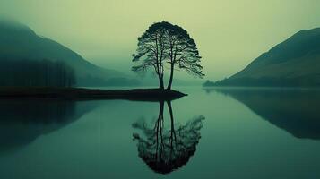 Serene Lake Landscape Misty Mountains Twin Trees and Water Reflection photo