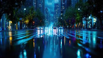 Night Cityscape Rainy Street Reflections Urban Lights Wet Asphalt City Traffic at Dusk photo