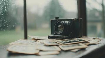 Vintage Camera on Stack of Old Photographs Near Rainy Window photo