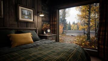 Cozy Cabin Bedroom with Autumn Lake View Plaid Bedding Rustic Decor photo
