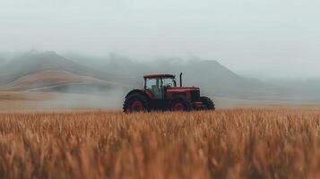 Red Tractor in Golden Wheat Field Misty Mountain Landscape Agriculture photo