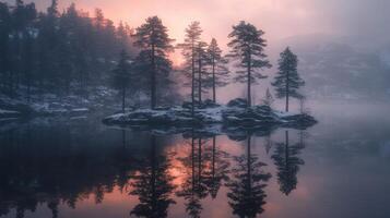 Serene Winter Sunrise Misty Lake Snow Covered Island and Pine Trees Reflecting photo