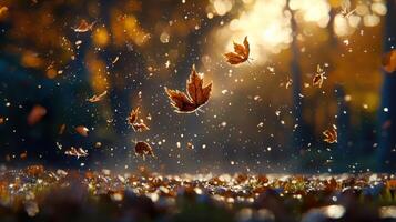 Magical Autumn Scene Falling Leaves Golden Hour Light Nature Photography photo