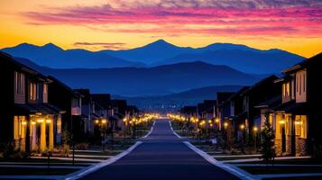 Serene Suburban Street at Twilight with Mountain Vista Illuminated Homes Scenic Landscape photo