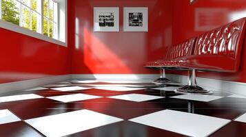 Red Room Interior Design Modern Red Chairs Black and White Checkered Floor and Window View photo