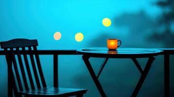 Serene Evening Illuminated Mug on Balcony Table with Chair and City Lights photo