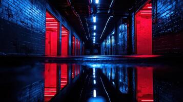 Neon lit Brick Corridor Reflecting in Water Dark Urban Alleyway Cyberpunk Scene photo