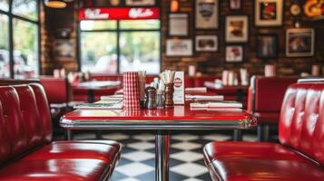 Retro Diner Restaurant Interior Red Booths Table Setting and Vintage Decor photo