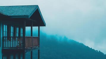 Misty Mountaintop Cabin with Balcony Overlooking Foggy Landscape photo