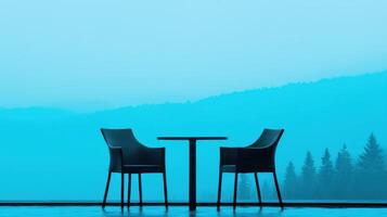 Serene Outdoor Patio Scene Two Wicker Chairs and Table with Mountain View photo