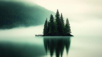Serene Misty Lake Island with Evergreen Trees and Wooden Dock Peaceful Nature Scene photo