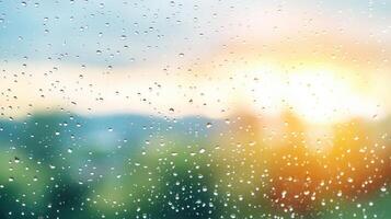 Rain Drops on Window Pane Sunset View Nature Background Colorful Abstract photo