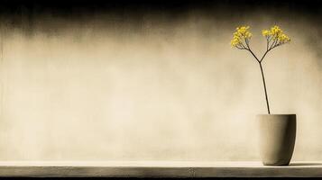 Serene Minimalist Still Life Yellow Flower in Concrete Pot against Beige Wall photo